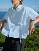 Mens Solid Color Lace-Up Patchwork Short Sleeve Shirt SKUL07812