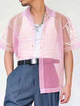 Mens Butterfly Print Mesh Sheer Short Sleeve Shirt SKUL08501