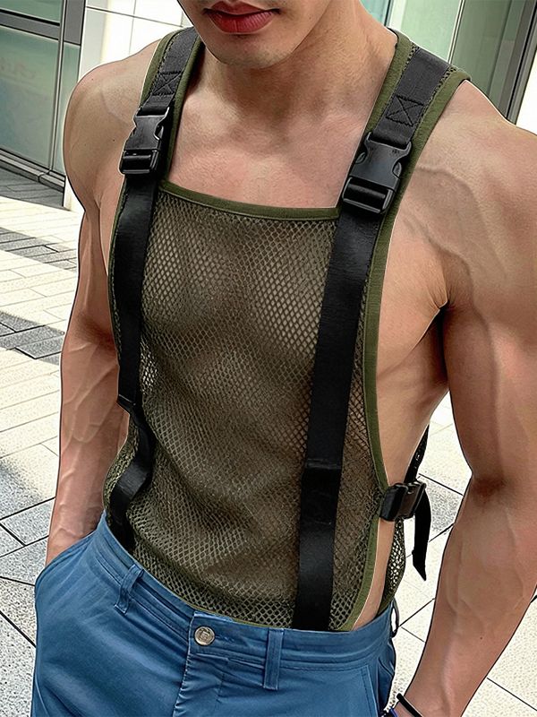 Men's Avant-Garde Tactical Buckle Harness Sheer Mesh Sideless Tank SKUL63046