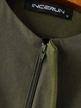 Men's Korean Minimalist Collarless Hidden Placket Boxy Cropped Long Sleeve Shirt SKUL76488