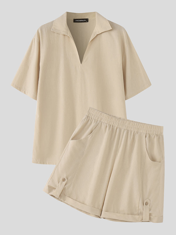 Men's Solid Color V Neck Lapel Casual Two Pieces Outfit SKUL23482