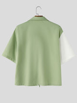 Men's Vintage Colorblock Contrast Tie Front Cuban Collar Short Sleeve Shirt SKUL70268