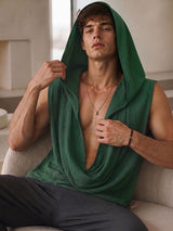 Men's Avant-Garde High Street Deep Cowl Neck Hooded Crinkle Tank SKUL75606