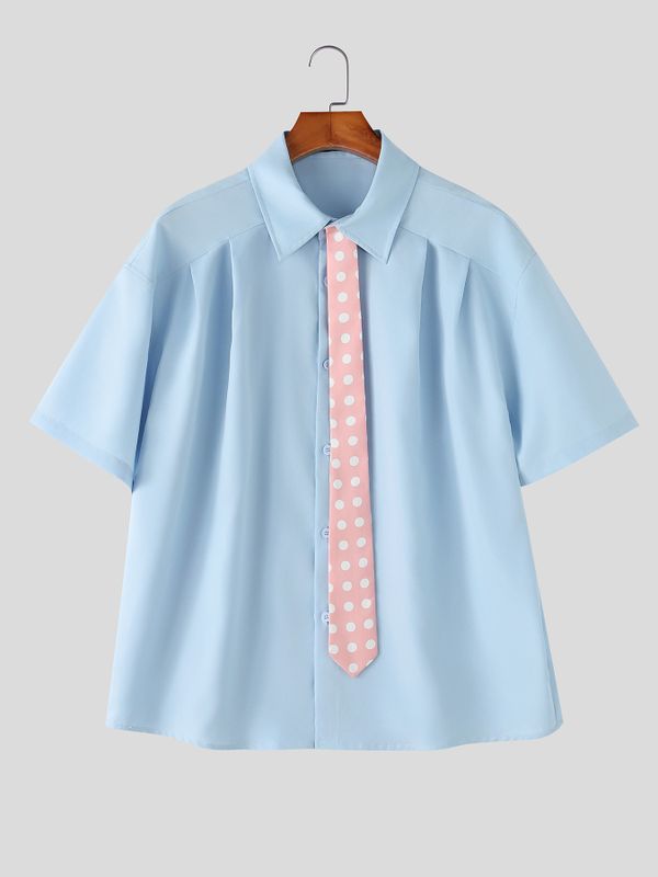Men's Avant-Garde Contrast Polka Dot Tie Short Sleeve Shirt SKUL68891