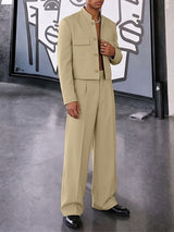 Men's Zen Minimalist Art Exhibition Stand Collar Flap Pocket Cropped Two Pieces Outfit SKUL84620