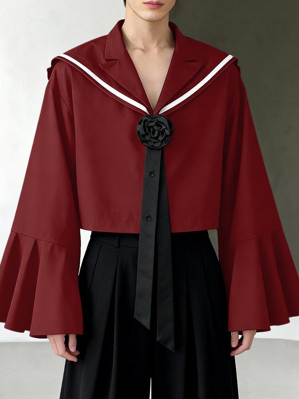 Men's 3D Floral Decoration Sailor Collar Long Sleeve Shirt SKUL46419