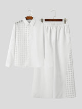 Men's Avant-Garde Vacation Resort Grid Cutout Asymmetric Sheer Two Pieces Outfit SKUL84805