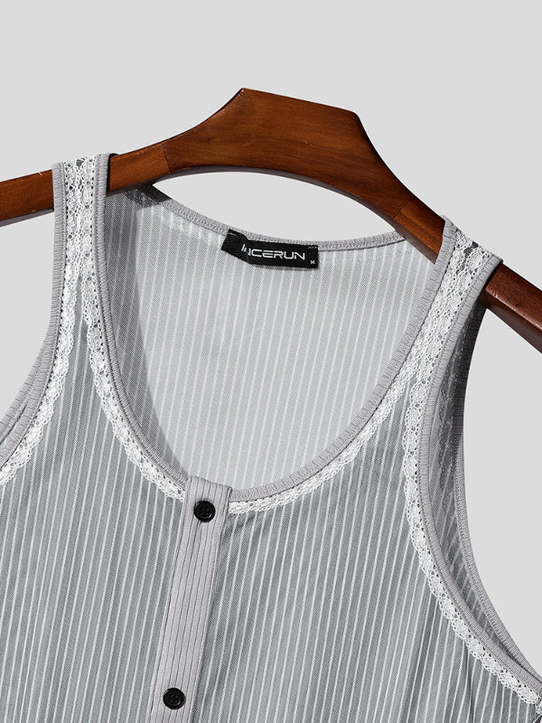 Mens Lace Patchwork Sheer Striped Bodysuit SKUL11594