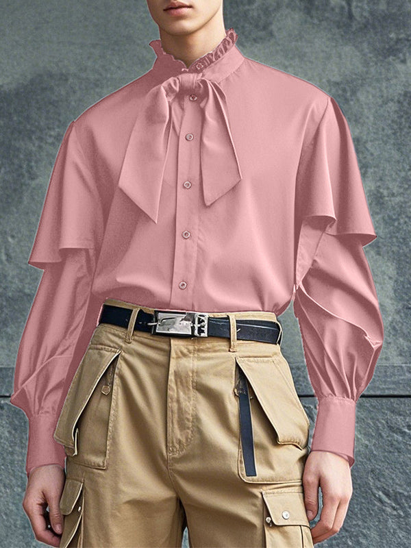 Mens Ruffled Stand Collar Long-Sleeve Shirt SKUK94595