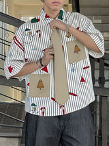 Men's Christmas Print Striped Tie Half Sleeve Shirt SKUL31820