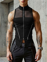 Men's Cyberpunk Streetwear Slim Fit Mesh Patchwork Multi Zipper Halter Mock Neck Tank SKUL63646