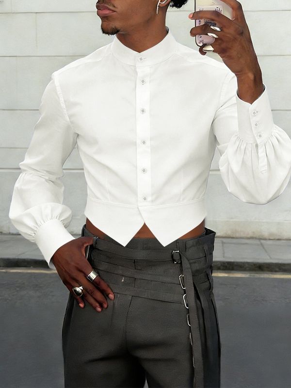 Men's Solid Color Stand Collar Cropped Long Sleeve Shirt SKUL54007