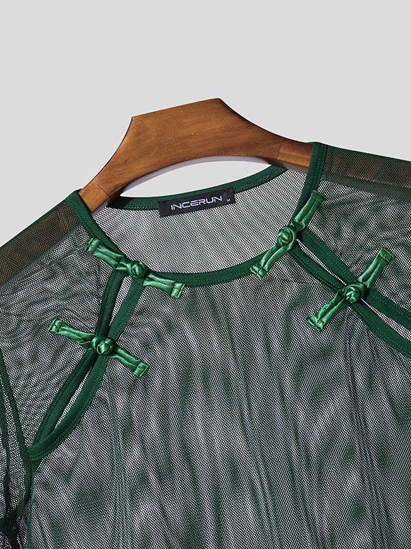Men's Avant-Garde New Chinese Style Sheer Mesh Frog Button Pointed Hem T-shirt SKUL59967