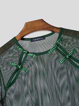 Men's Avant-Garde New Chinese Style Sheer Mesh Frog Button Pointed Hem T-shirt SKUL59967