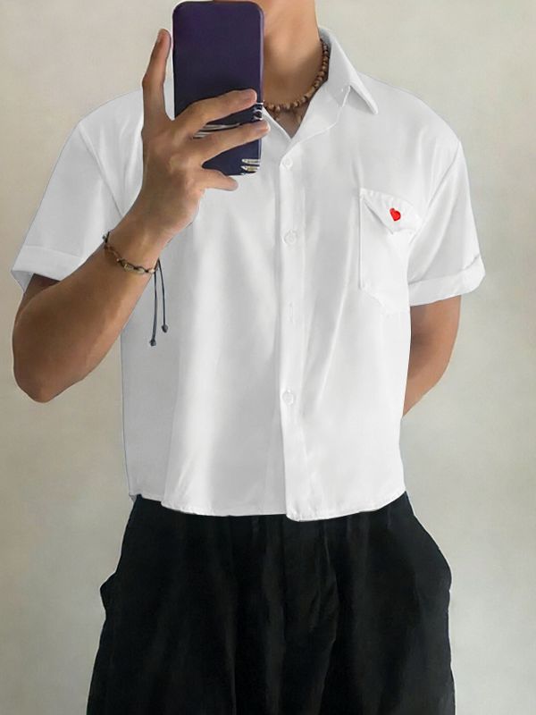Men's Heart Embroidery Short Sleeve Shirt SKUL54730