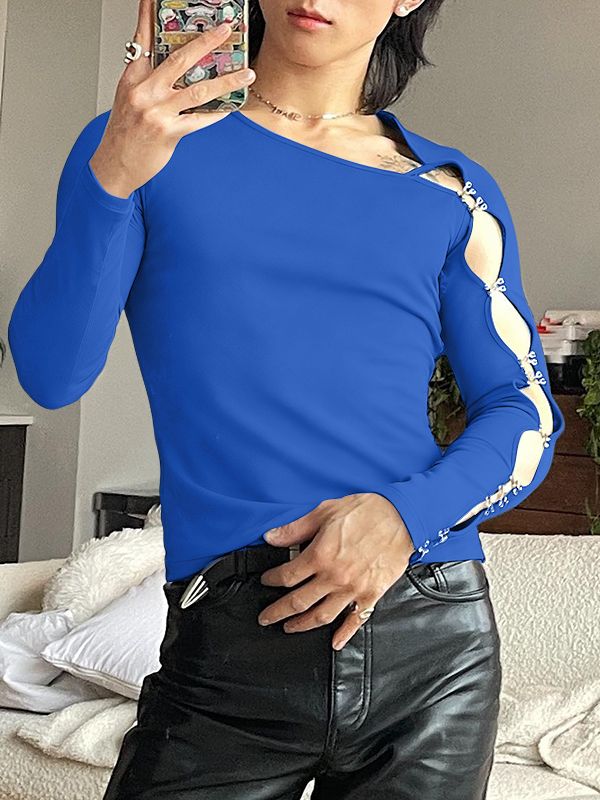 Men's Solid Color Hook Button Design Long Sleeve T-shirt SKUL43929