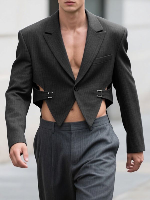 Men's Deconstructed Hollow Striped Cropped Long Sleeve Blazer SKUL30442