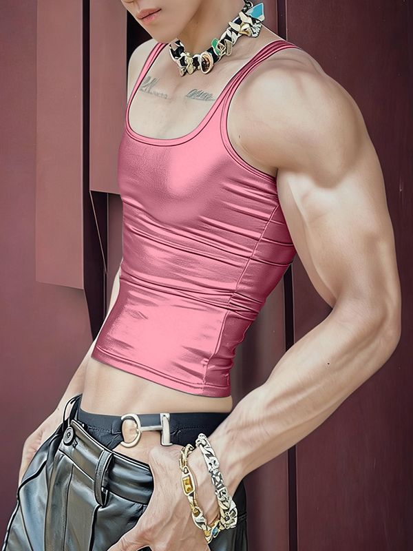 Men's Avant-Garde High Street Metallic Faux Leather Skinny Racerback Tank SKUL71246