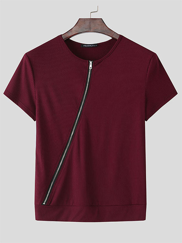 Mens Asymmetrical Zip Textured Short Sleeve T-Shirt SKUK99813