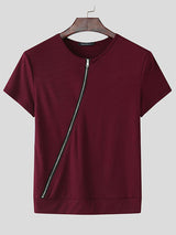 Mens Asymmetrical Zip Textured Short Sleeve T-Shirt SKUK99813