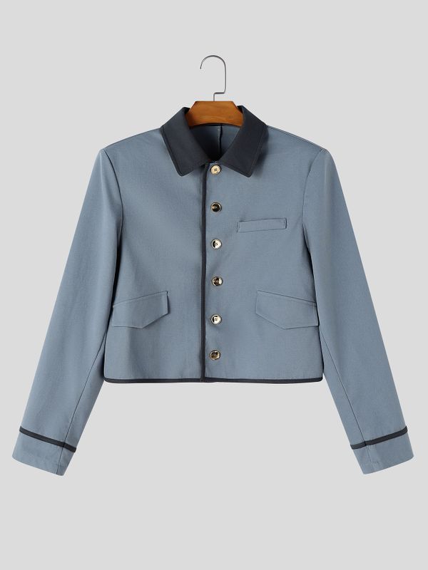 Men's Smart Chic Art Exhibition Contrast Collar Piped Trim Five-Button Cropped Jacket SKUL85504
