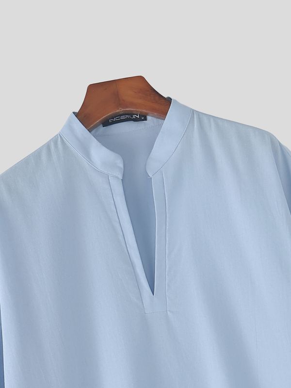 Men's Vintage Harajuku Minimalist Deep V-Neck Mandarin Collar Puff Sleeve Shirt SKUL70241