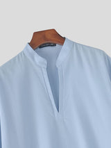 Men's Vintage Harajuku Minimalist Deep V-Neck Mandarin Collar Puff Sleeve Shirt SKUL70241