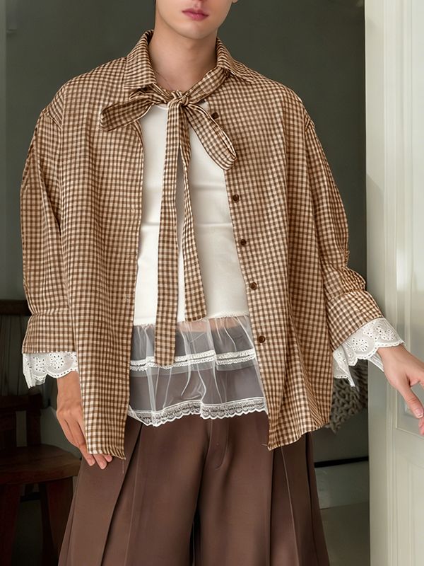 Men's Plaid Bow Long Sleeve Shirt SKUL45417