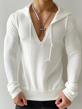 Mens Deep V-Neck Textured Long-Sleeve Hoodie SKUK76320