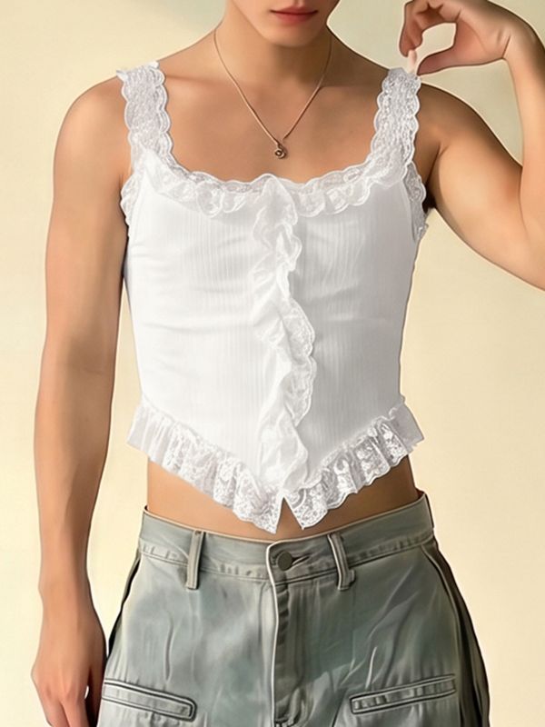 Men's Avant-Garde Lace Trim Ruffle Ribbed Knit Cropped Corset Cami Tank SKUL58763