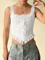 Men's Avant-Garde Lace Trim Ruffle Ribbed Knit Cropped Corset Cami Tank SKUL58763