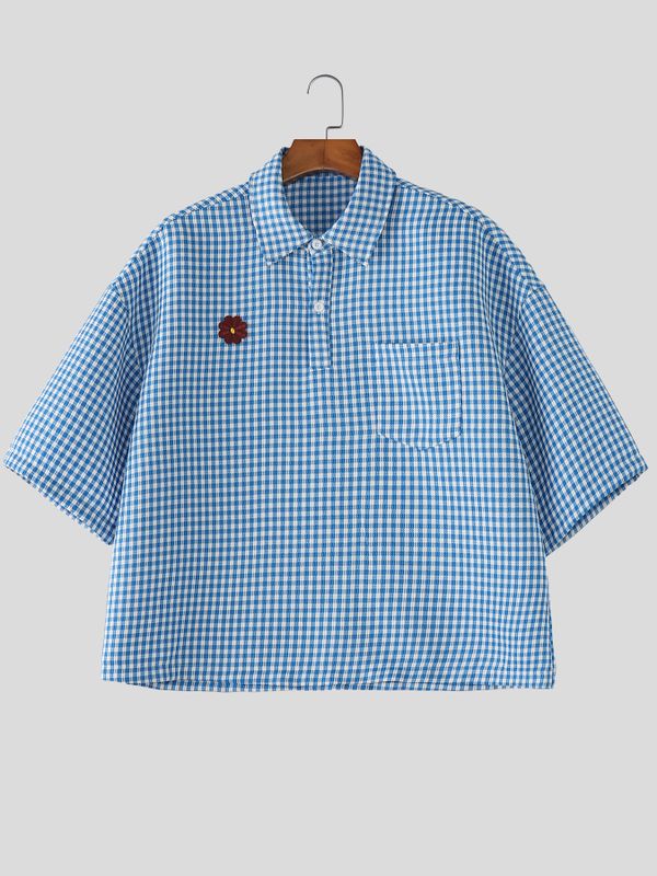 Men's Daisy Patch Lapel Plaid T-shirt SKUL54674