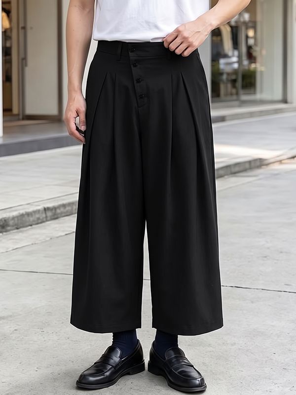Men's Clean-Fit Minimalist Daily Commute Slanted Button Fly High-Waist Cropped Pant SKUL84631