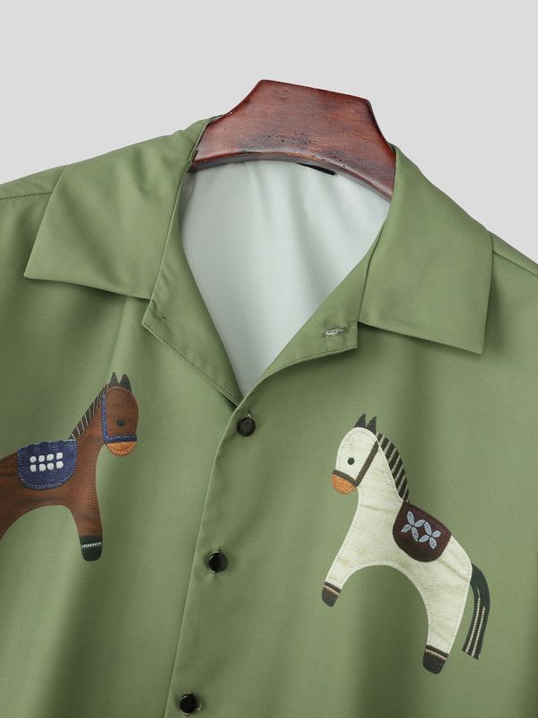 Men's Avant-Garde Horse Print Cropped Boxy Short Sleeve Shirt SKUL54391