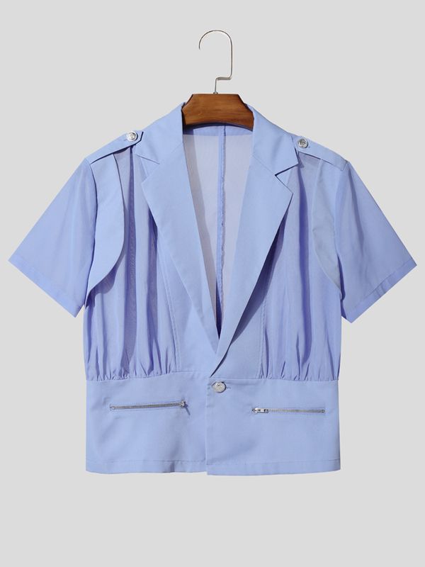 Men's Avant-Garde Mesh Patchwork Epaulet Zipper Short Sleeve Blazer SKUL63851