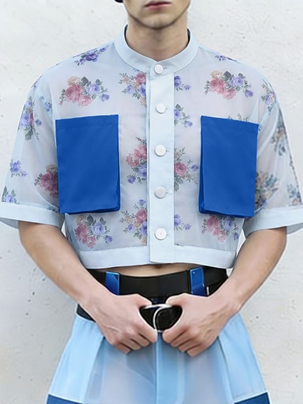Men's Avant-Garde Floral Sheer Mesh Cropped Mandarin Collar Shirt SKUL60249