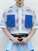 Men's Avant-Garde Floral Sheer Mesh Cropped Mandarin Collar Shirt SKUL60249