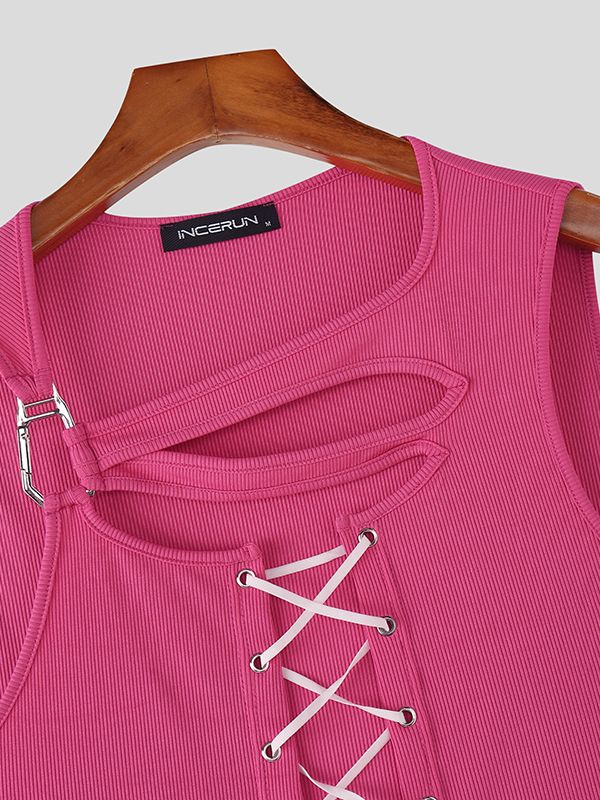 Men's Drawstring Design Hollow Cropped Knit Tank SKUL48604
