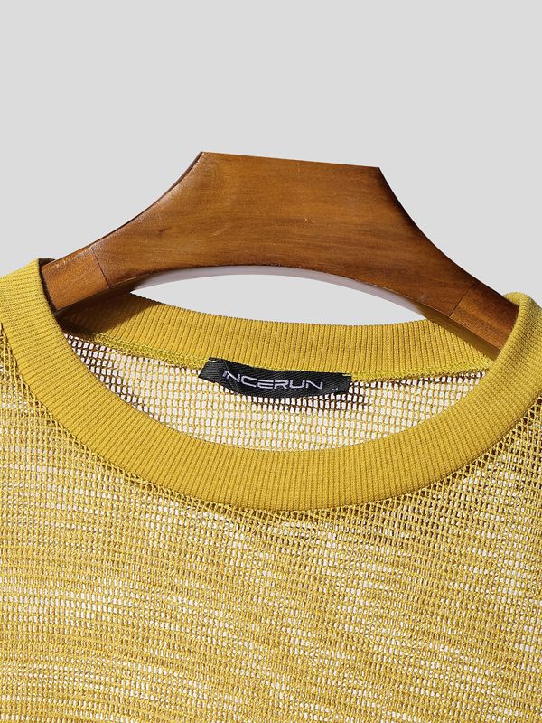 Men's Hollow Mesh Crew Neck Long Sleeve T-Shirt SKUL41198