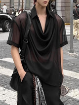 Men's Avant-Garde Draped Cowl Neck Sheer Mesh Shirt SKUL61025