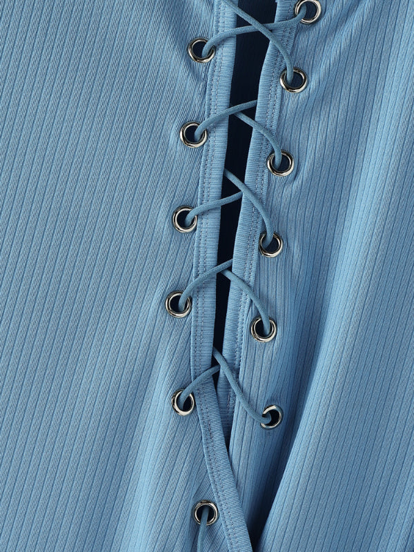 Mens Crisscross Lace-Up Knit Short Sleeve T-Shirt SKUL16797