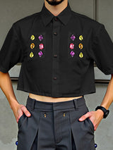 Mens Rhinestone Patchwork Cropped Short Sleeve Shirt SKUL13709