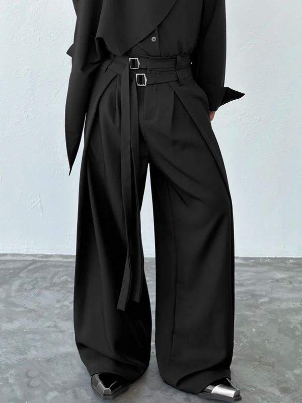 Men's Avant-Garde Double D-Ring Strap Pleated Maxi Wide-Leg Pant SKUL71389