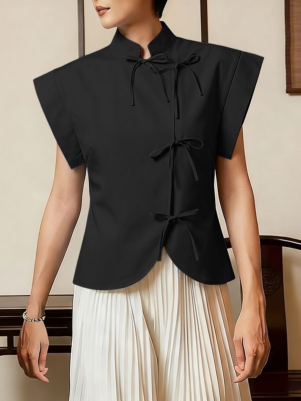 Men's Vintage Modern Chinese Slant Placket Tie-Knot Mandarin Collar Cap-Sleeve Shirt SKUL64088