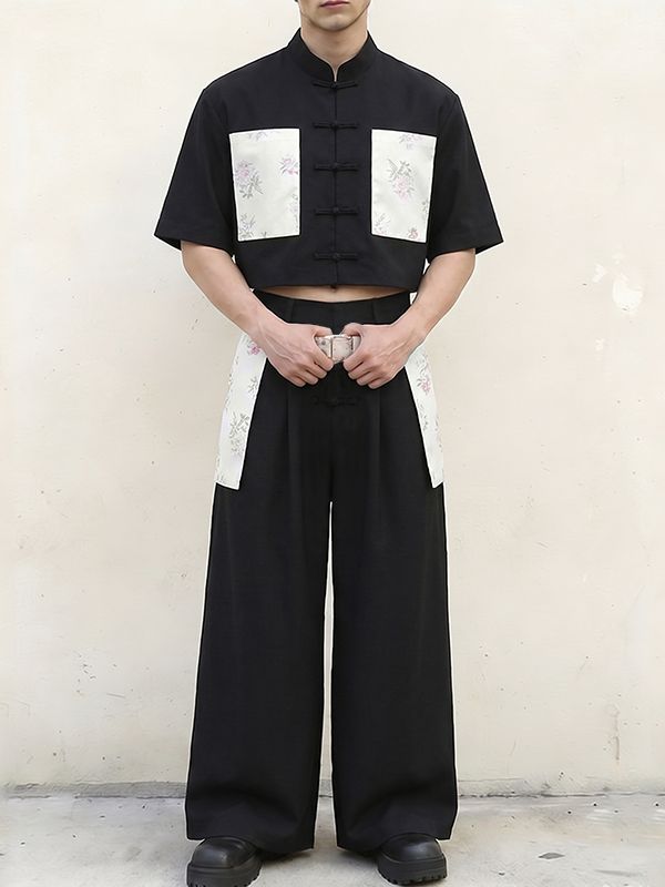 Men's New Chinese Style Floral Print Patchwork Cropped Frog Button Two Pieces Outfit SKUL61177