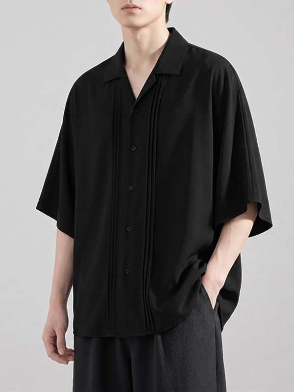 Men's Vintage Cuban Collar Pleated Front Short Sleeve Shirt SKUL71300