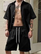 Men's Vintage High Street Slub Pleated Textured Two Pieces Outfit SKUL72615