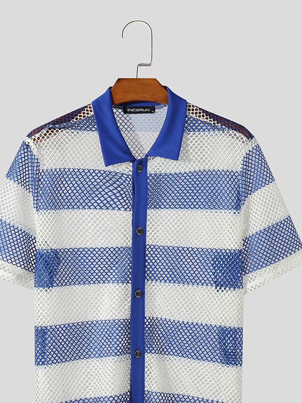 Mens Mesh Hollow Striped Short Sleeve Shirt SKUK63608