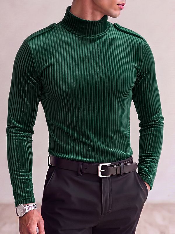 Men's Early Autumn Retro Pleated Velvet Slim Fit Long Sleeve Turtleneck T-shirt SKUL81737