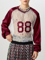 Mens Number Print Lace Patchwork Long-Sleeve T-Shirt SKUK79219